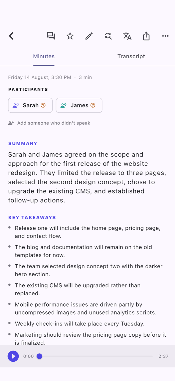 Minutes and decisions in a MeetNotes demo meeting