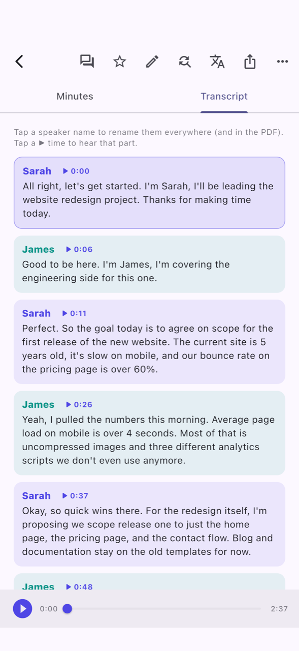 Speaker-labelled transcript in a MeetNotes demo meeting
